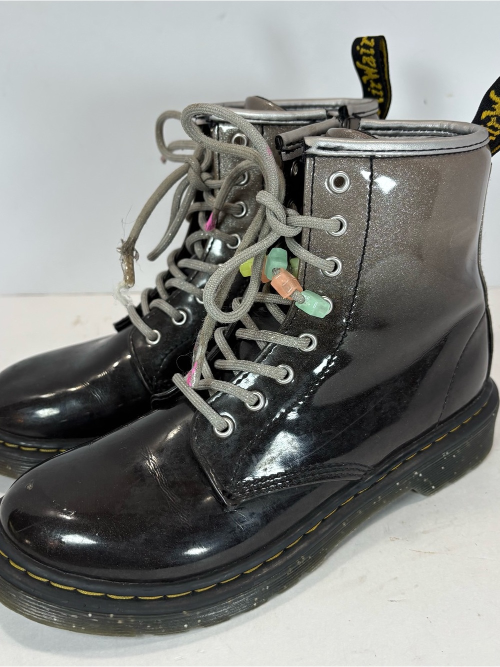 Dr. Martens Boots Patent Leather Black Silver Glitter Ombre Kids' Size US 3 EUC